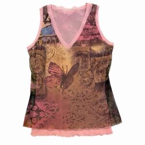European Double Lined Mesh Sleeveless Blouse Pink Butterfly Print Size S/M